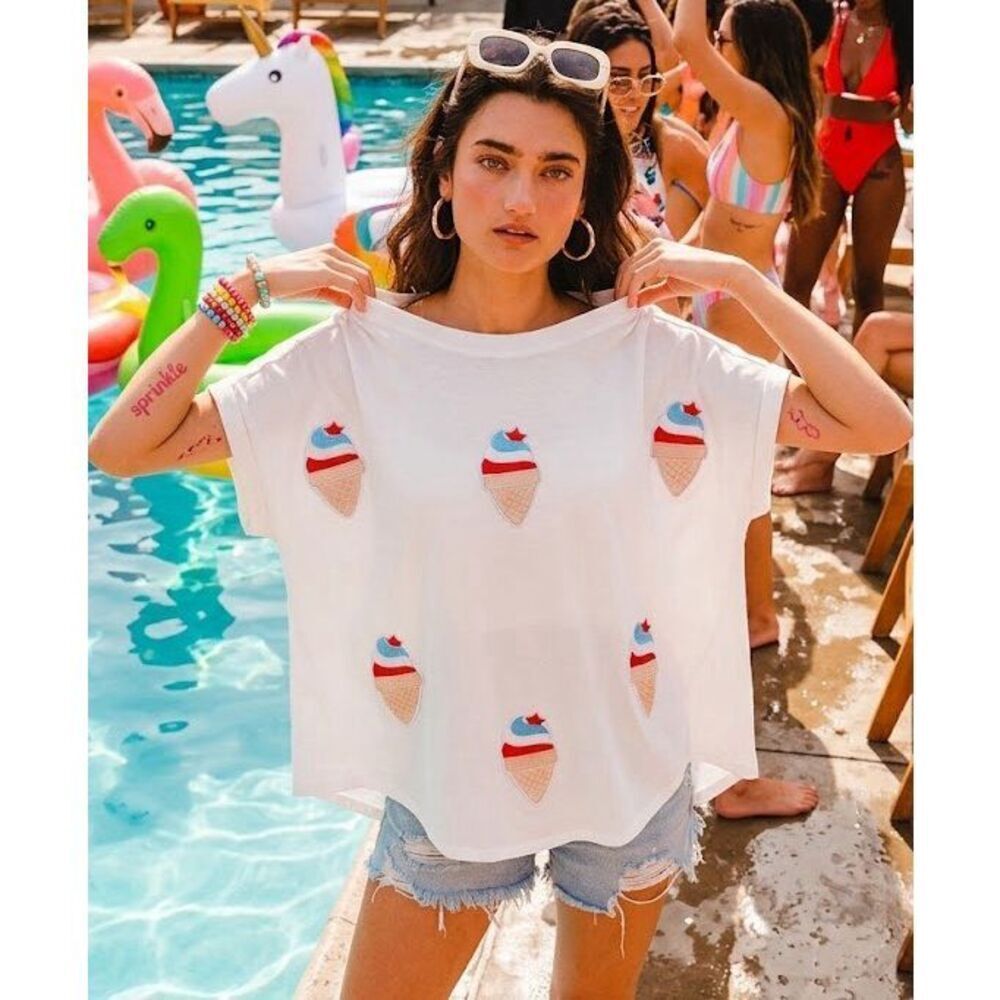 #252. BIBI Red, White, & Frosty Oversized Solid Terry Cap Sleeve Cone Patch Tee